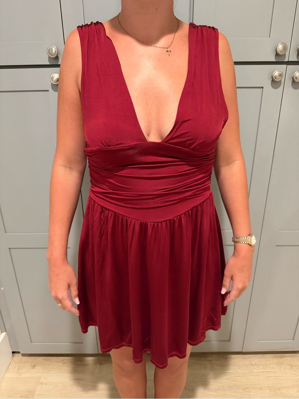Free People Burgundy Plunge Ruched Waist Mini Dress